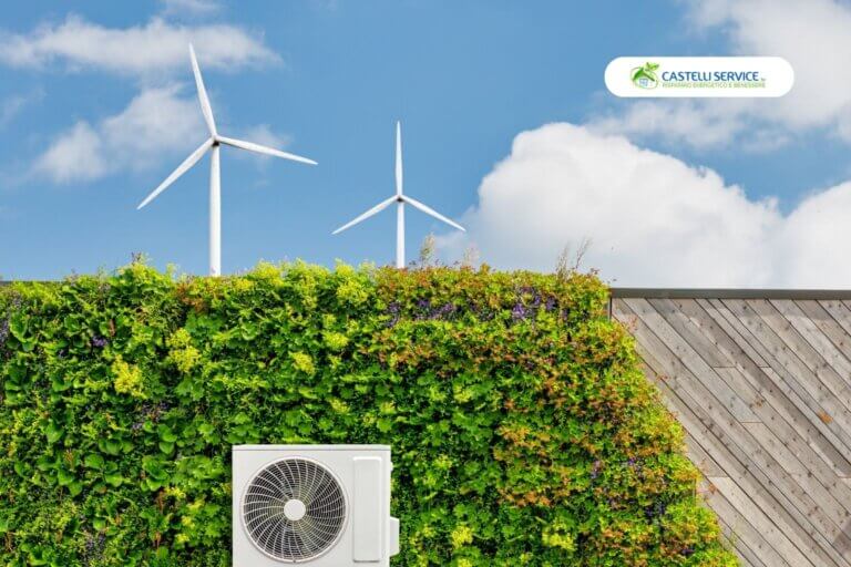 immagine con pompe di calore e pale eoliche per rappresentare la sostenibilità